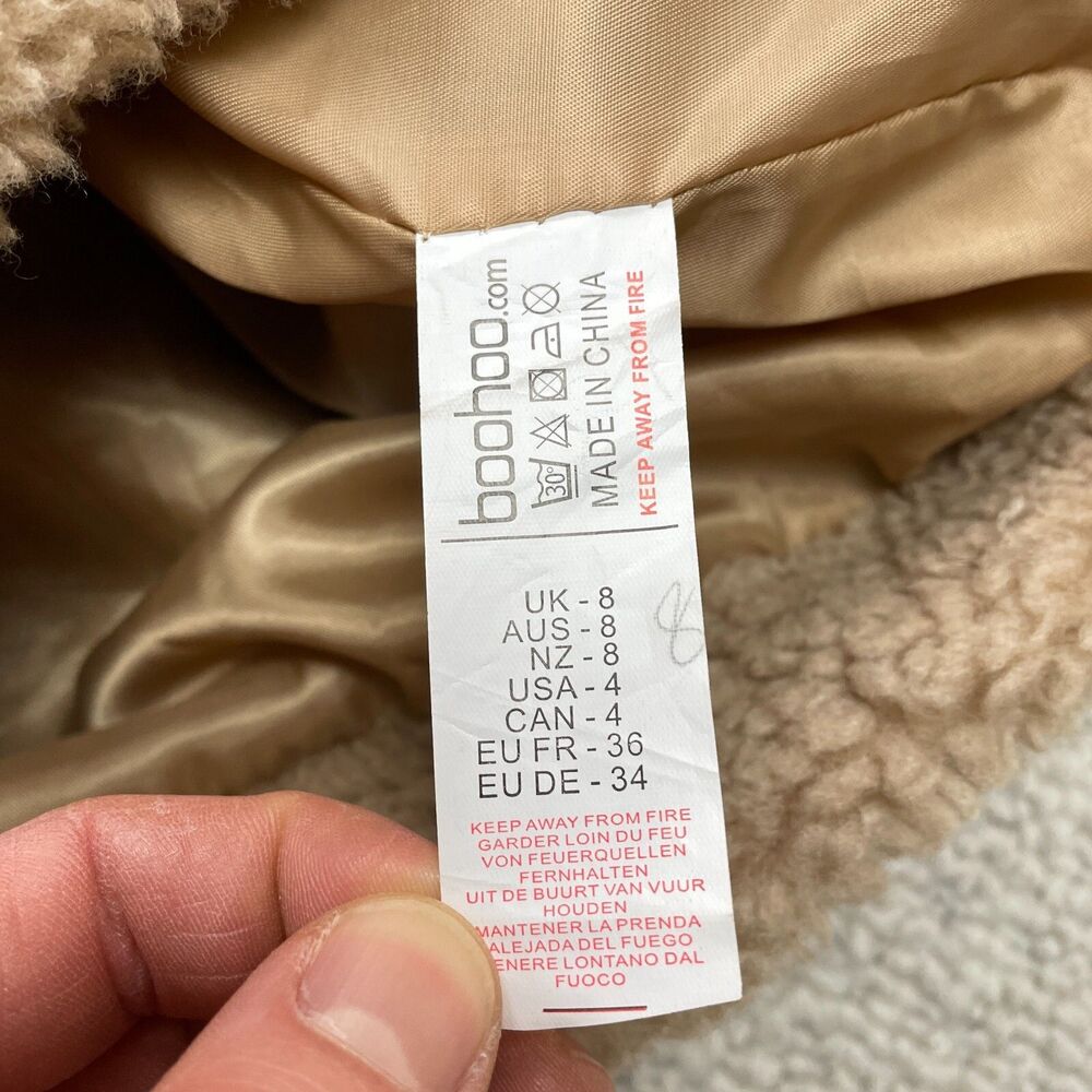 Boohoo Coat Womens 4 Brown Sherpa Jacket Full Zip Pockets Lined Polyester Soft - Picture 8 of 10
